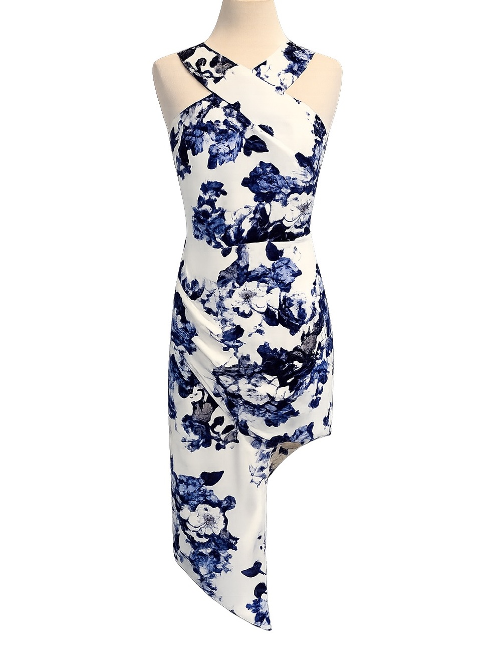 VENUS White and Blue Floral Cross-Halter Asymmetrical Mini Dress